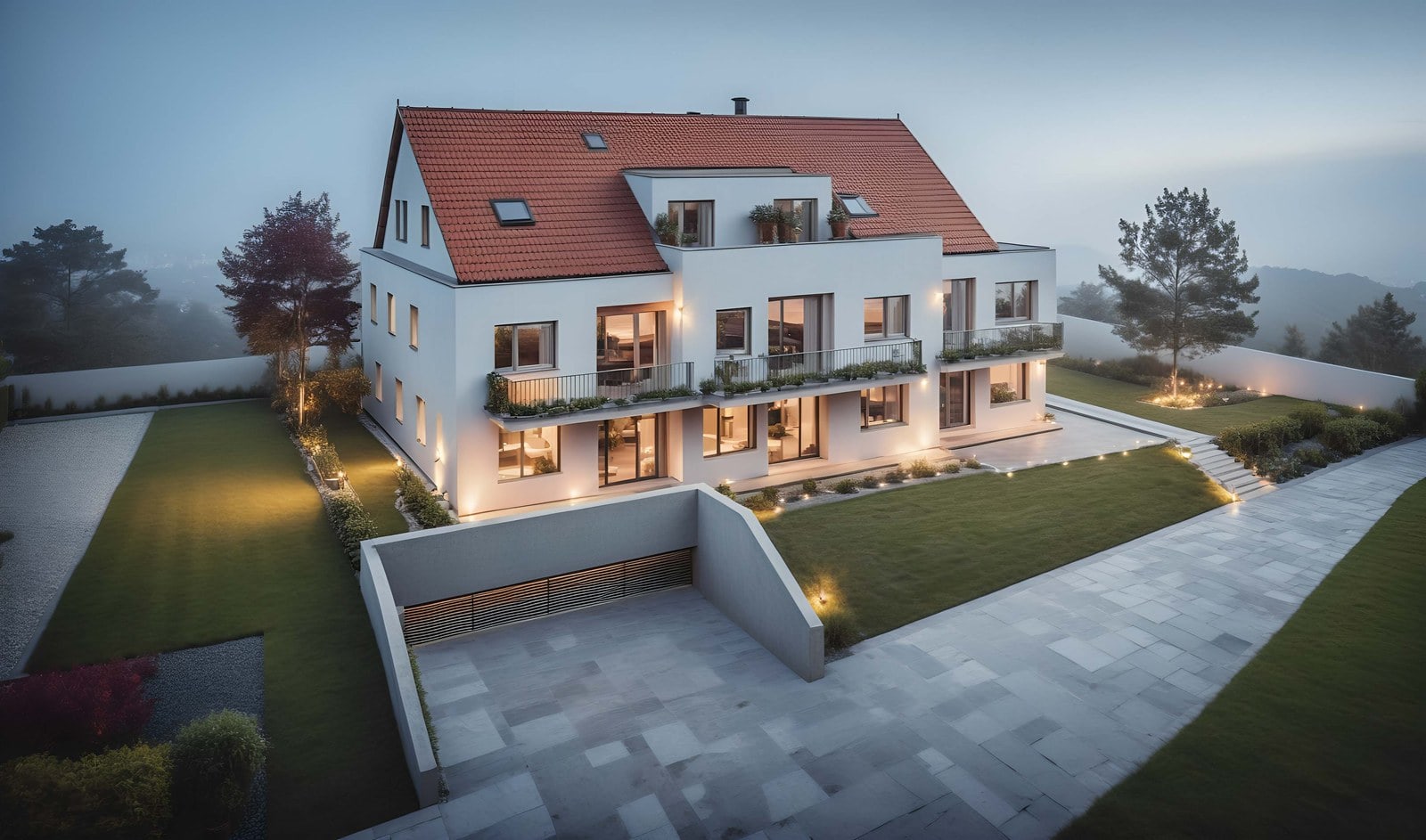 Visualisierung der Wohnanlage O5 in Lauf Heuchling mit acht Eigentumswohnungen, Balkonen, Terrassen und Tiefgarageneinfahrt, gebaut von Wening Bau.