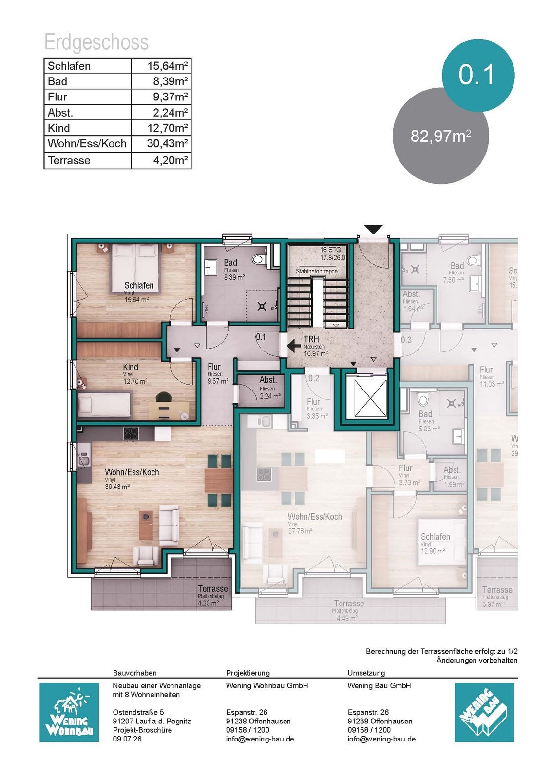 Grundriss der 3-Zimmer-Eigentumswohnung 0.1 im Erdgeschoss der Wohnanlage O5 in Lauf Heuchling, ca. 83 m² mit Terrasse.