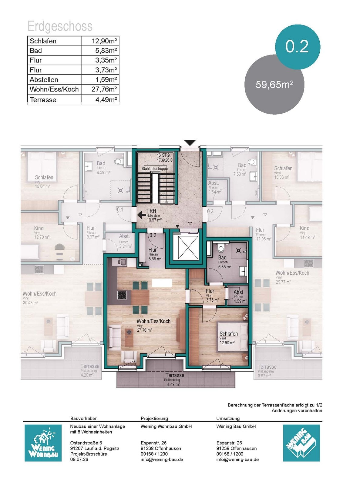 Grundriss der 2-Zimmer-Eigentumswohnung 0.2 im Erdgeschoss der Wohnanlage O5 in Lauf Heuchling, ca. 60 m² mit Terrasse.