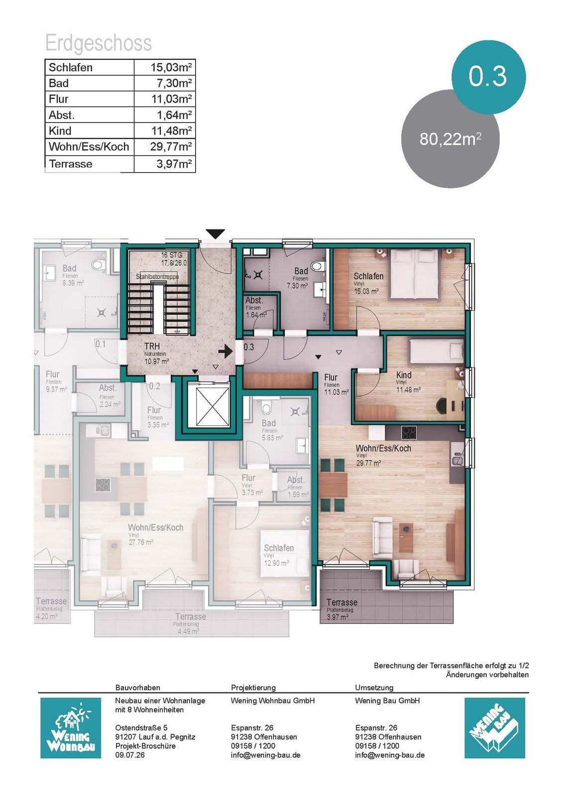 Grundriss der 3-Zimmer-Eigentumswohnung 0.3 im Erdgeschoss der Wohnanlage O5 in Lauf Heuchling, ca. 80 m² mit Terrasse.