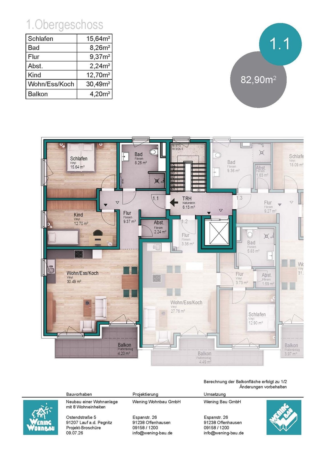 Grundriss der 3-Zimmer-Eigentumswohnung 1.1 im ersten Obergeschoss der Wohnanlage O5 in Lauf Heuchling, ca. 83 m² mit Balkon.
