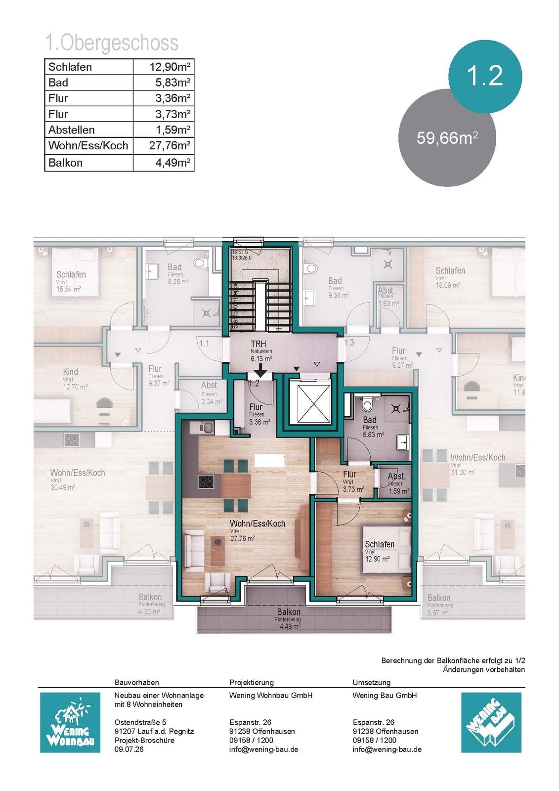 Grundriss der 2-Zimmer-Eigentumswohnung 1.2 im ersten Obergeschoss der Wohnanlage O5 in Lauf Heuchling, ca. 60 m² mit Balkon.