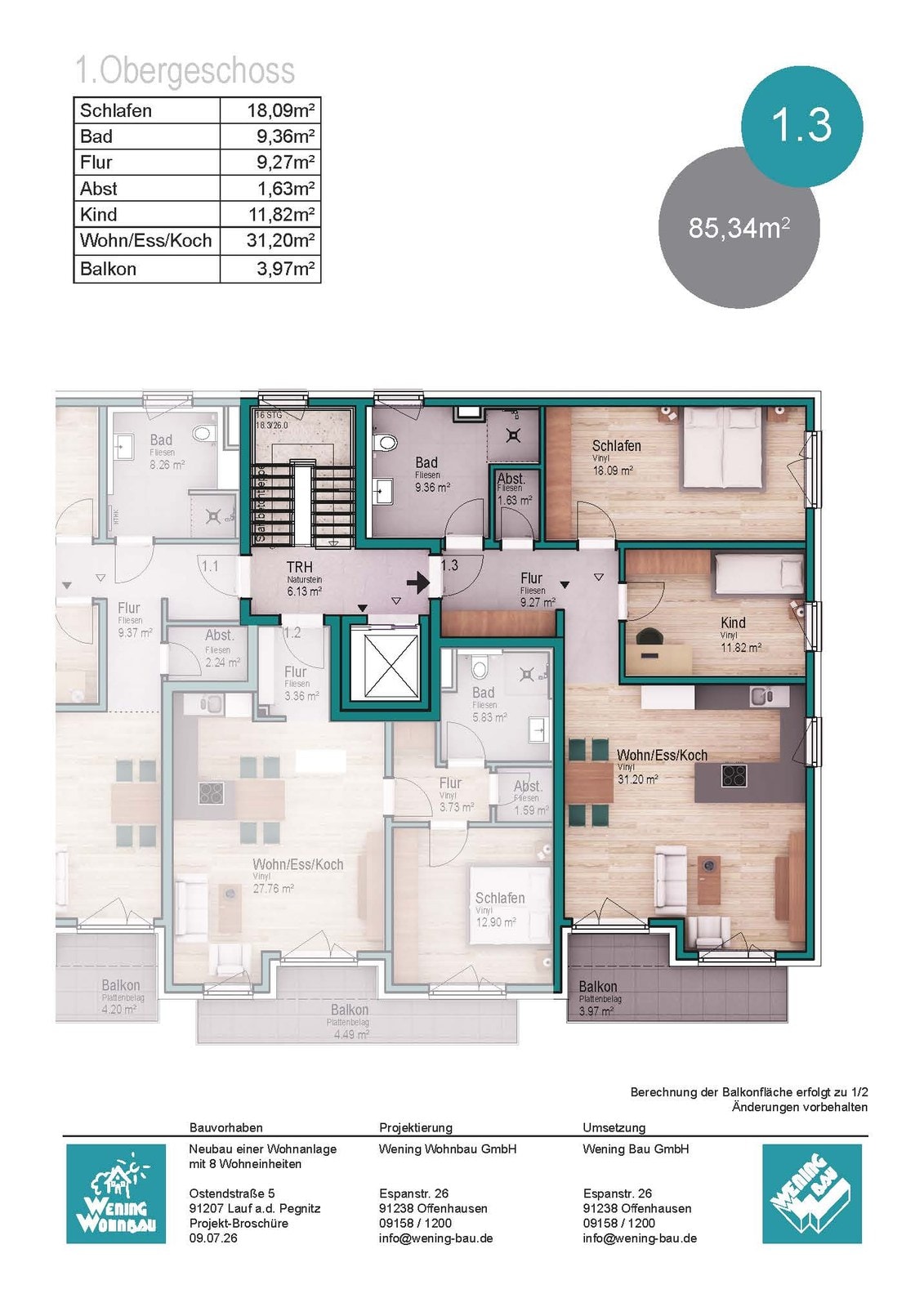 Grundriss der 3-Zimmer-Eigentumswohnung 1.3 im ersten Obergeschoss der Wohnanlage O5 in Lauf Heuchling, ca. 85 m² mit Balkon.