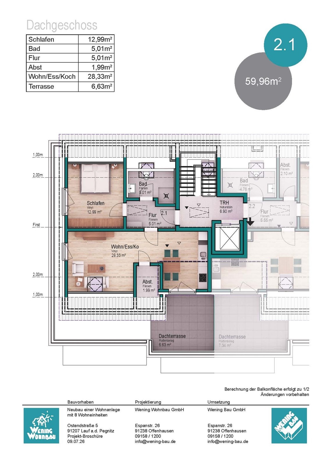 Grundriss der 2-Zimmer-Eigentumswohnung 2.1 im Dachgeschoss der Wohnanlage O5 in Lauf Heuchling, ca. 60 m² mit Dachterrasse.