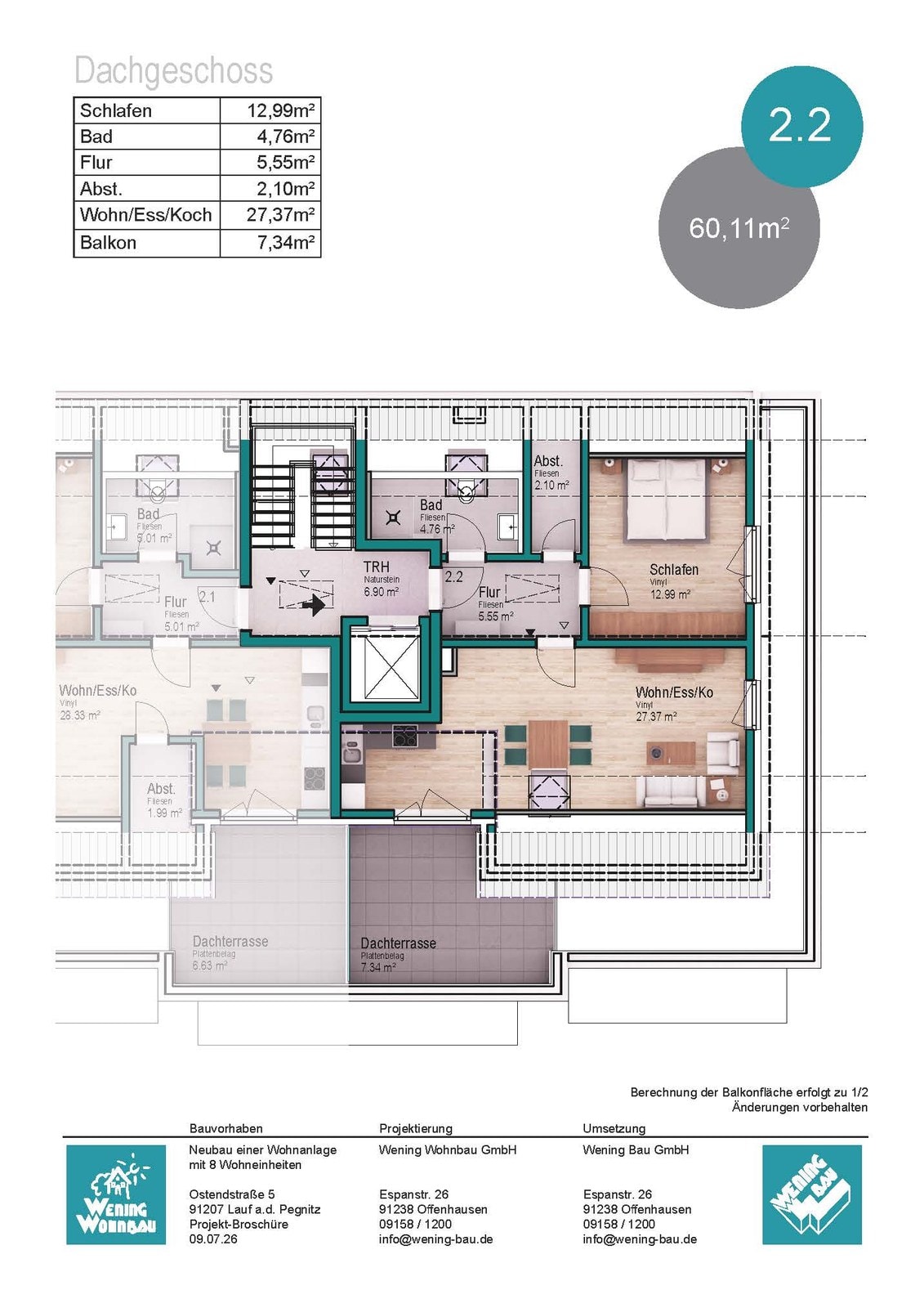 Grundriss der 2-Zimmer-Eigentumswohnung 2.2 im Dachgeschoss der Wohnanlage O5 in Lauf Heuchling, ca. 60 m² mit Balkon.